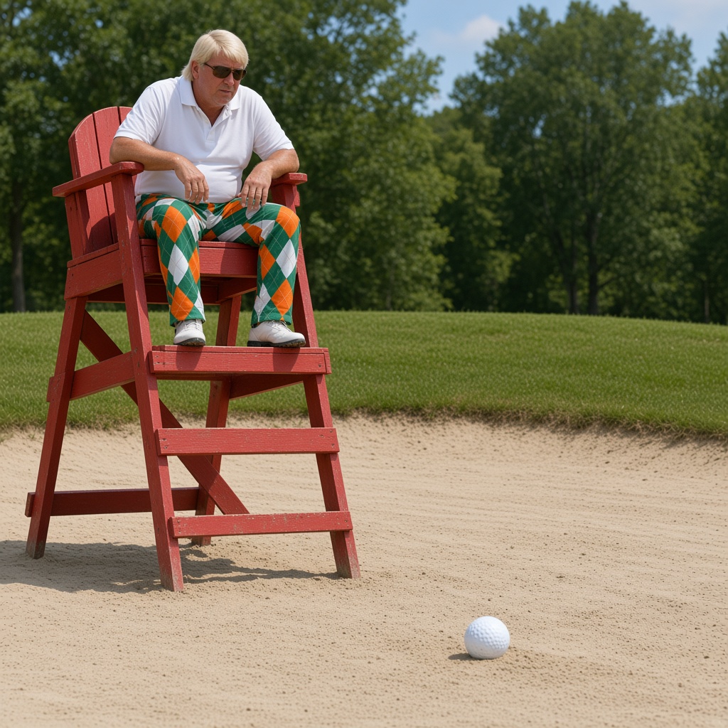 John Daly sits a lifeguard chair in a bunker, watching one golf ball
